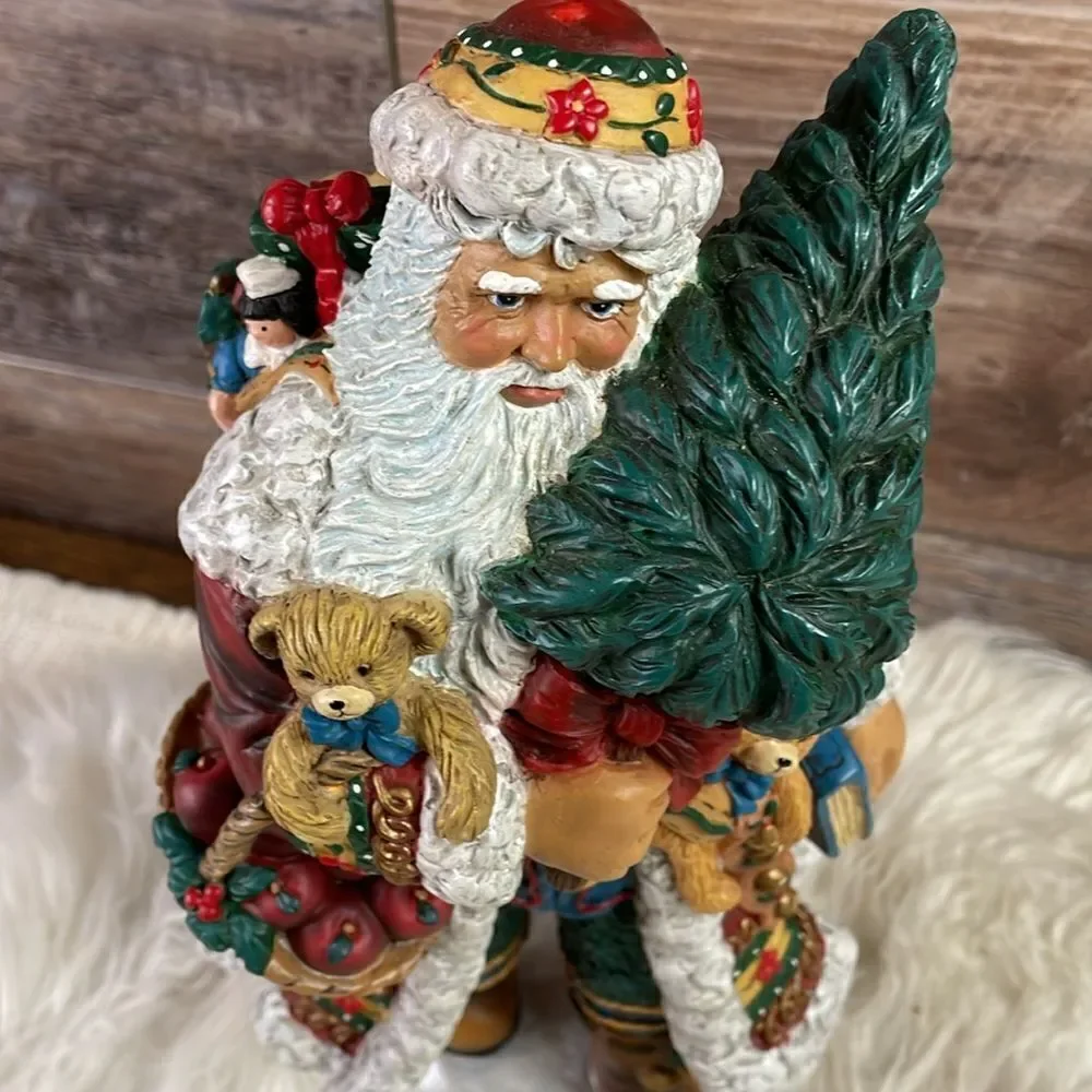 Vintage Resin Santa Holding Tree, Teddy Bear & Basket of Apples,Toy Bag on Back